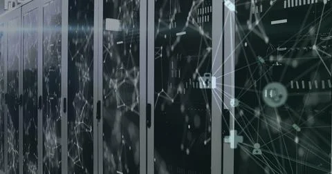 Rows of servers in data center with digital network overlay, showcasing Stock Photos