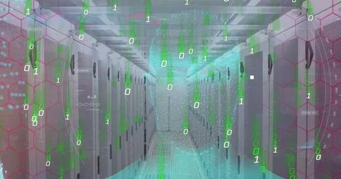 Rows of servers in data center with green binary code overlay 스톡 사진