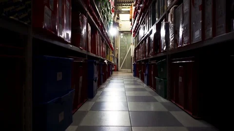 Rows of shelves with boxes in the store. Footage. Stock-Footage 127994685
