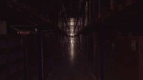 Rows of shelves inside an industrial warehouse with boxes. Lights turn on Vidéo 249501221