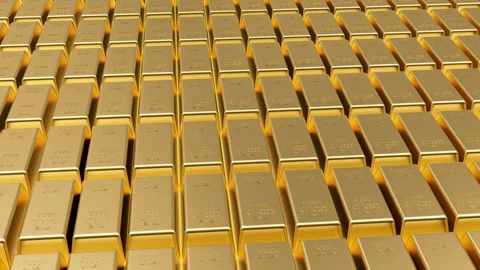 Rows of shiny gold bars spinning, 3D rendering. Stock Footage 335125884
