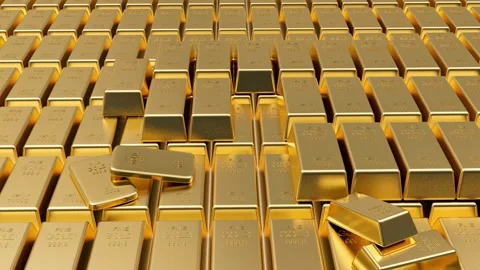 Rows of shiny gold bars, two of which are shifting across the surface 動画素材 335125750