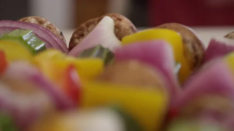 Rows of shish kabobs ready to hit the grill Stock Footage 153296130