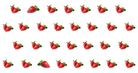 Rows of Single and Double of Vibrant Red Fresh Strawberries Pattern on White Stock Photos