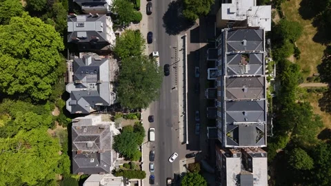 Rows of slate roofs, chimney stacks and rear gardens line a leafy residential Stock Footage 343472259
