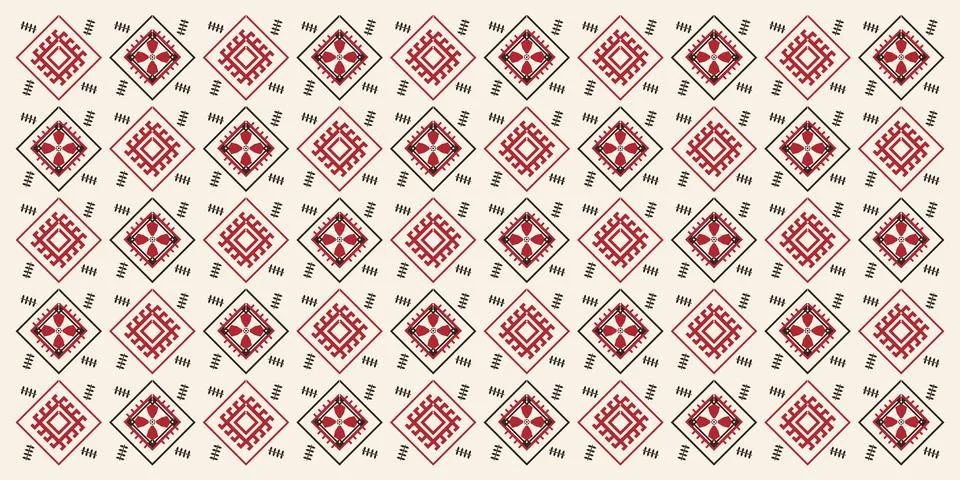 Rows of small red and black ethnic motifs form a balanced seamless surface .. Stock Illustration