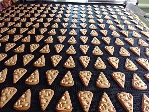 Rows of small triangular crackers with cheese pattern moving on black conveyor Stock Photos