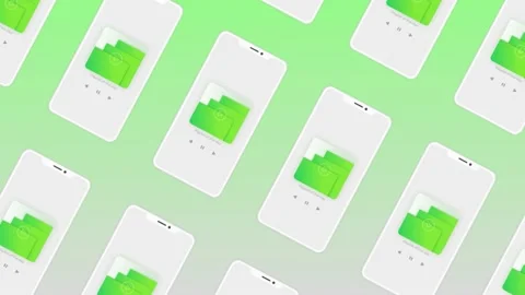Rows of smartphone with a folder icons on each screen. Motion. Presentation of a Stock Footage 158844884