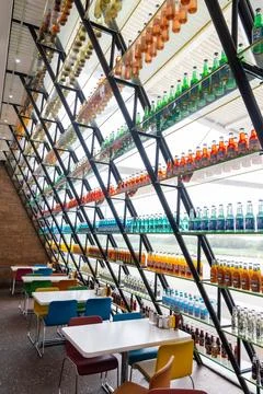 Rows of soda bottles at Pops 66 Soda Ranch on Route 66. Stock Photos