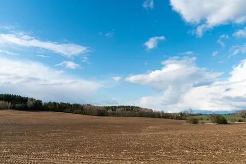 Rows of soil before planting. Drawing of furrows on a plowed field prepared f Stock Photos