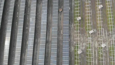 Rows of Solar Cells, Half Installed, Half in Progress, Green Technology, Aerial Stock Footage 147388556