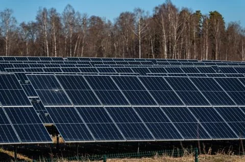 Rows of solar panels absorb sunlight in a renewable energy field during dayti Stock Photos