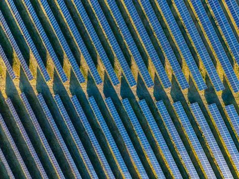 Rows of solar panels are positioned on the ground. They capture sunlight and  Stock Photos