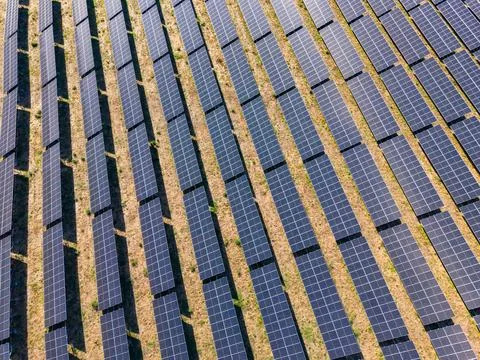 Rows of solar panels cover a field, capturing sunlight in a renewable energy  Stock-Fotos