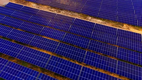 Rows of solar panels covering field, Bulgaria Video stock 336724566