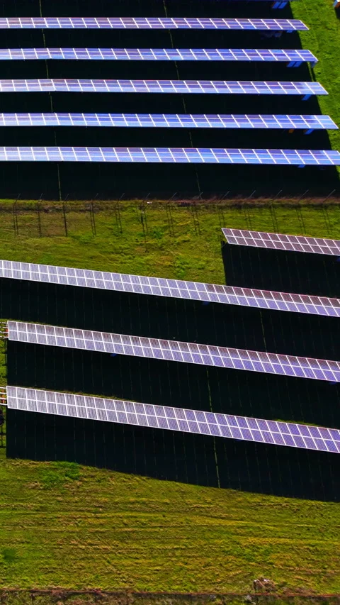 Rows of solar panels crossing green meadow, aerial view Vertical video. Vídeos de archivo 338008102