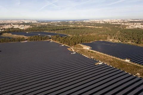 Rows of solar panels in fields near townscape on sunny day Stock Photos
