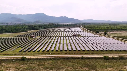 Rows of solar panels power plant under sunlight in tropical valley with mountain Stock Footage 309182492