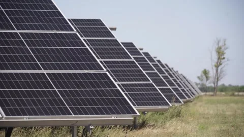 Rows of solar panels at a solar power station Video stock 313503056