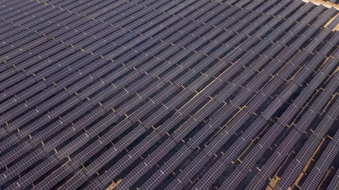 Rows of solar panels stretch into horizon under bright sun Vídeos de archivo 346062116