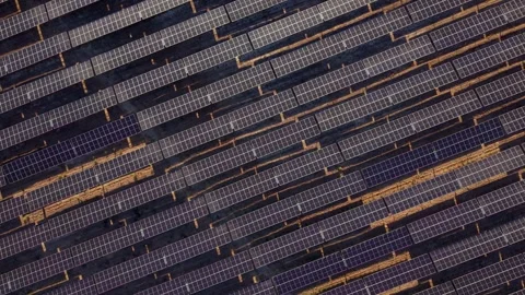 Rows of solar panels stretch into horizon under bright sun Video stock 346062226
