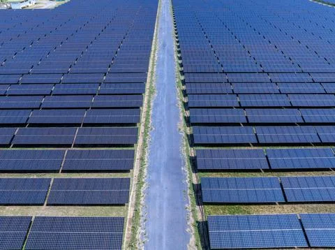Rows Of Solar Panels Stretch Towards The Horizon At Renewable Energy Facili.. Stock Photos