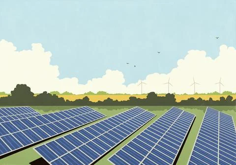 Rows of solar panels in sunny, idyllic rural field with solar farm in background Stock Illustration