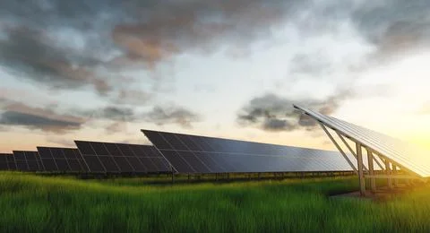 Rows of solar panels at sunset in a field against the backdrop of green gra.. Stock Photos