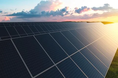 Rows of solar panels at sunset in a field against the backdrop of green gra.. Stock Photos