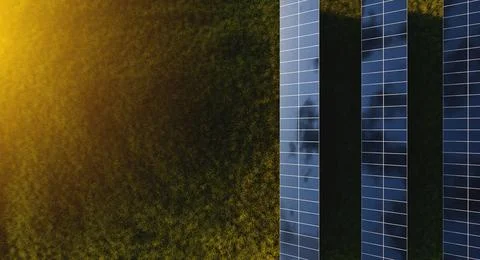 Rows of solar panels at sunset in a field against the backdrop of green gra.. Stock Photos