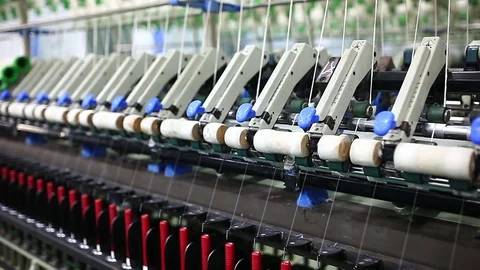 Rows of spindles in a textile mill Stock Footage 74188231