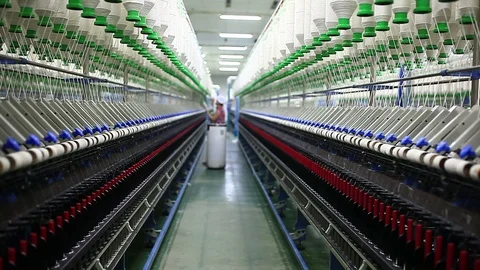 Rows of spindles in a textile mill Stock Footage 74189283