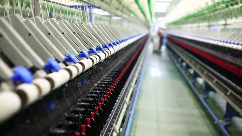 Rows of spindles in a textile mill Stock Footage 74189401