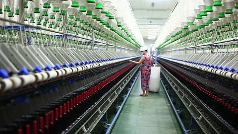 Rows of spindles in a textile mill Stock Footage 74190930