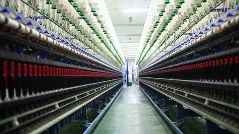 Rows of spindles in a textile mill Stock Footage 74191257