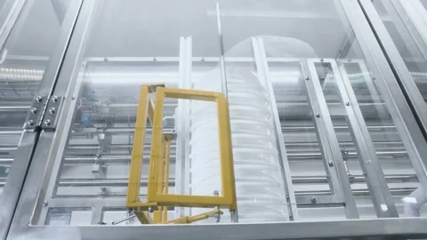 Rows of stacked white plastic containers moving through a large automated Stock Footage 336048266
