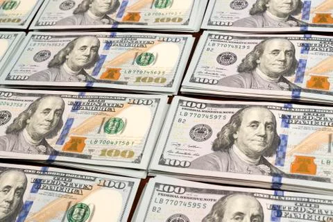 Rows stacks of dollars on table Foto stock