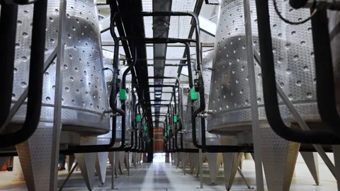 Rows of stainless barrels for fermentation, distillation and storage of high 스톡 동영상 265659948