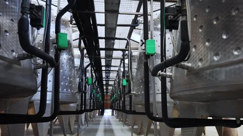 Rows of stainless barrels for fermentation, distillation and storage of high Stock-Footage 308362673