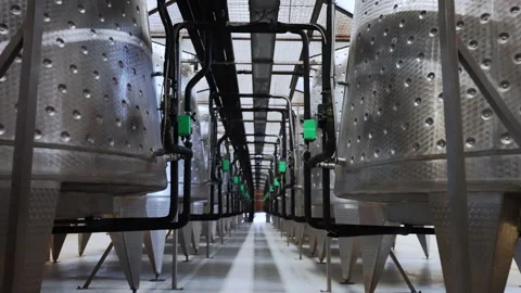 Rows of stainless barrels for high quality wine production, metal tanks with Stock-Footage 296761954