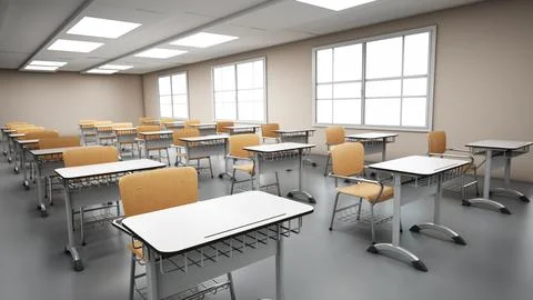 Rows of student desks inside the classroom. 3D illustration Ilustración de archivo