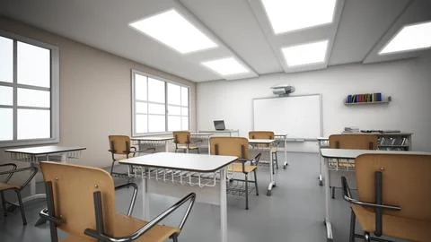 Rows of student desks inside the classroom. 3D illustration Stock Illustration