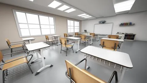 Rows of student desks inside the classroom. 3D illustration Stock Illustration