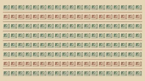 Rows of teal and rust geometric symbols, leaves, waves, and floral marks fo.. Illustrazione stock