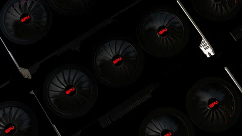 Rows of three-dimensional models of modern video cards with rotating coolers. co Stock Footage 150710786