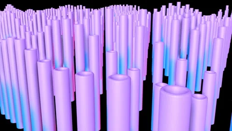 Rows of three-dimensional turquoise-purple cylinders slowly move against a black Stock Footage 102281586