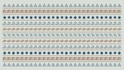 Rows of tiny triangles, meanders, leaves, diamonds, and waves form a calm l.. Illustrazione stock