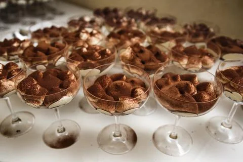 Rows of tiramisu on a wedding table Stock Photos