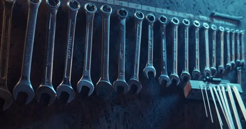 Rows of tools for repair hanging on wall Stock Footage 259395284