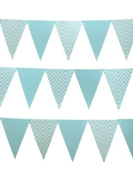 Rows of triangular bunting flags on white background. Festive decor 写真素材